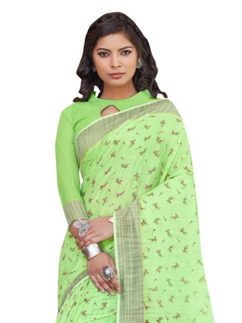 KALINI Green & Brown Floral Linen Blend Saree