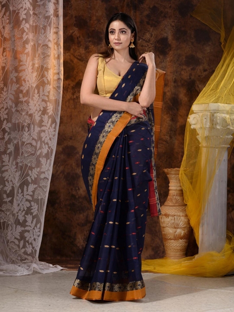 Mitera Blue & Brown Woven Design Pure Cotton Saree