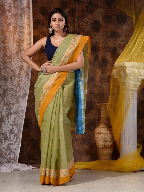 Mitera Green & Blue Woven Design Pure Cotton Saree