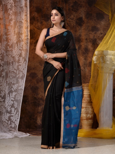 Mitera Blue & Black Hand woven Floral Saree