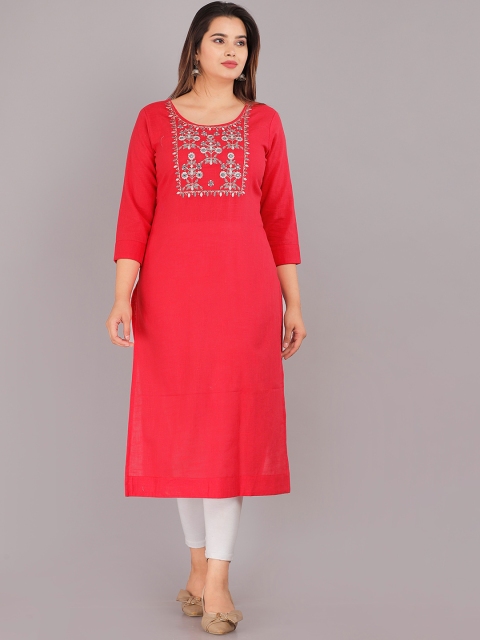 KALINI Women Red Yoke Design Thread Work Kurta