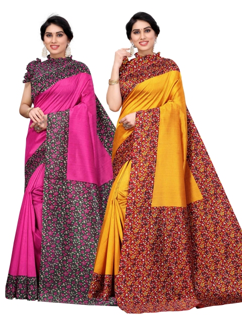 AADVIKA Pink & Yellow Pack of 2 Art Silk Mysore Silk Saree