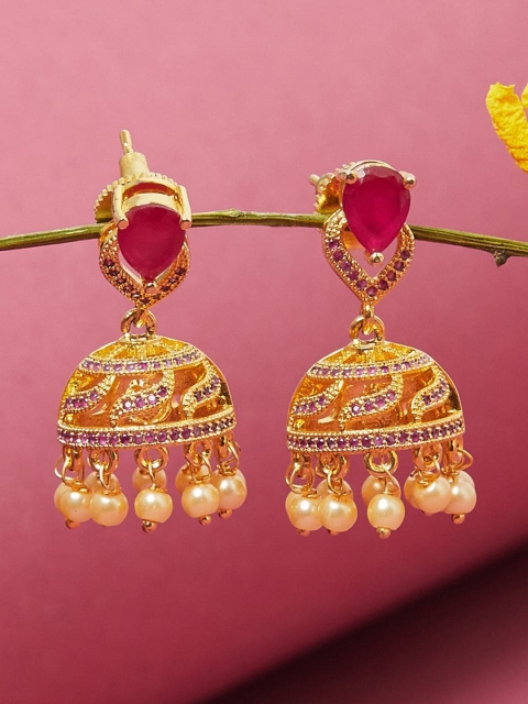 Voylla Women Gold-Toned & Pink American Diamond CZ Dome Shaped Jhumkas Earrings
