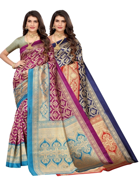 AADVIKA Pack of 2 Blue & Purple Ethnic Motifs Art Silk Saree