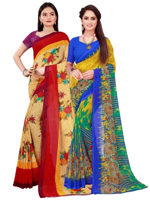 SAADHVI Beige & Blue Pure Georgette Saree