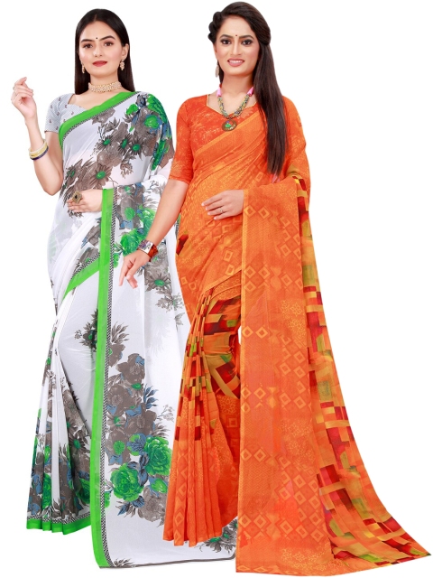 Florence White & Orange Pure Georgette Saree