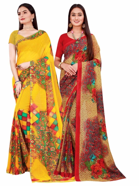 KALINI Yellow & Red Pure Georgette Saree