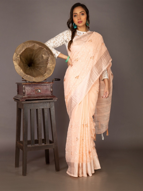 Unnati Silks Orange & Silver-Toned Woven Design Embroidered Linen Blend Jamdani Saree
Unnati Silks Orange & Silver-Toned Woven Design Embroidered Linen Blend Jamdani Saree