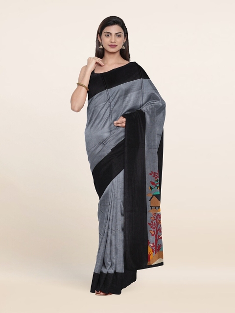 Pothys Grey & Orange Floral Saree