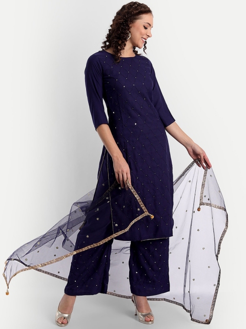 ASPORA Women Blue Embroidered Kurta with Palazzos & With Dupatta