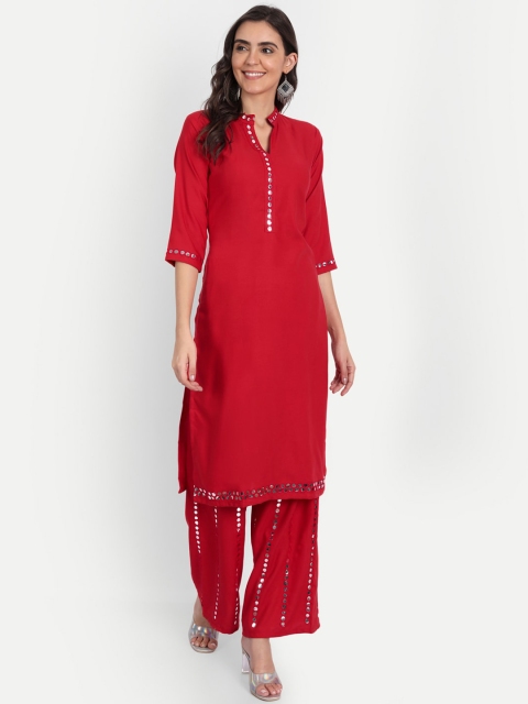 ASPORA Women Red Embellished Kurta with Trousers
