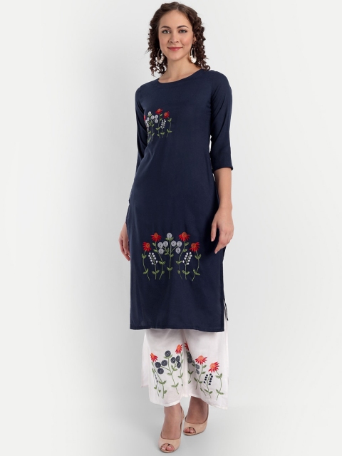 ASPORA Women Blue Floral Embroidered Thread Work Kurta with Palazzo
