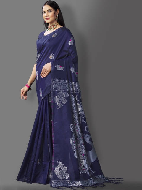 Wuxi Navy Blue & Silver-Toned Woven Design Pure Silk Banarasi Saree
