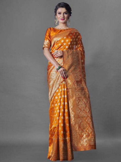 Wuxi Orange & Gold-Toned Woven Design Pure Silk Banarasi Saree