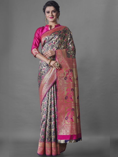 Wuxi Pink & Silver-Toned Floral Pure Silk Banarasi Saree