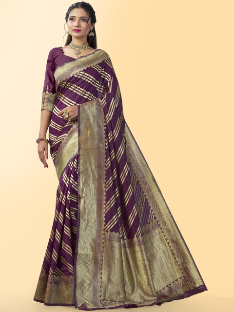 Wuxi Women Purple & Gold-Toned Striped Zari Pure Silk Leheriya Saree