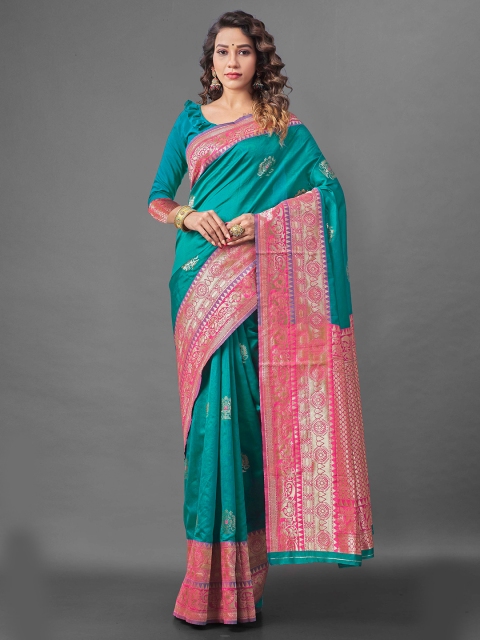 Wuxi Women Teal & Pink Floral Pure Silk Banarasi Saree