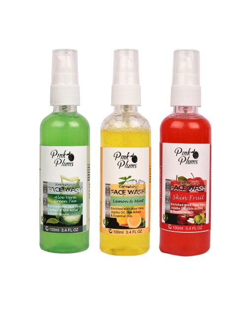 Pink Plums Set of 3 Face Wash - Aloe Vera + Lemon and Mint + Skin Fruit - 100 ml Each, Green
Pink Plums Set of 3 Face Wash - Aloe Vera + Lemon and Mint + Skin Fruit - 100 ml Each, Green