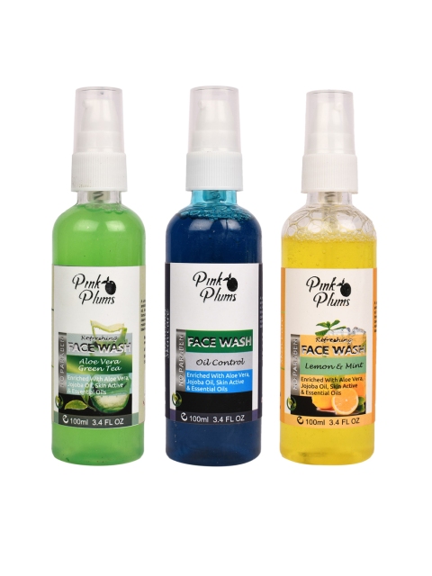Pink Plums Set of 3 Face Wash - Aloe Vera + Oil Control + Lemon and Mint - 100 ml Each, Green
Pink Plums Set of 3 Face Wash - Aloe Vera + Oil Control + Lemon and Mint - 100 ml Each, Green