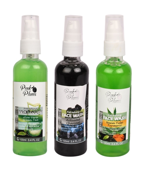 Pink Plums Set of 3 Paraben Free Face Wash - Aloe Vera + Charcoal + Neem Tulsi -100ml each, Green