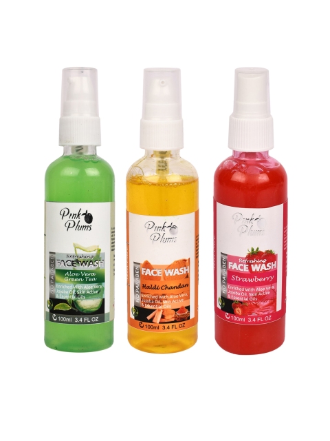Pink Plums Set of 3 Face Wash - Aloe Vera + Haldi Chandan + Strawberry - 100 ml Each, Green
Pink Plums Set of 3 Face Wash - Aloe Vera + Haldi Chandan + Strawberry - 100 ml Each, Green