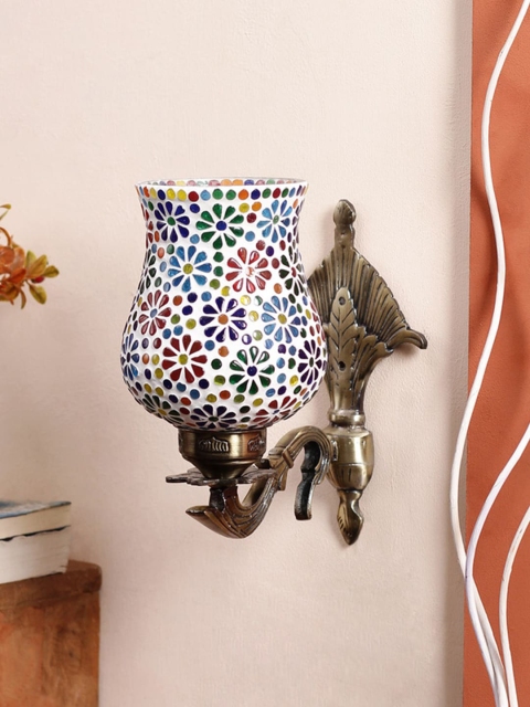 Devansh White & Blue Floral Textured Mosaic Glass Antique Wall Lamp