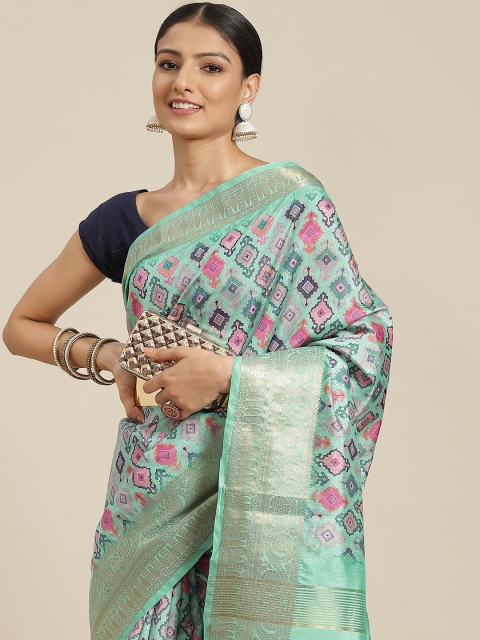 Havida Sarees Green & Pink Ethnic Motifs Zari Silk Cotton Mysore Silk Saree