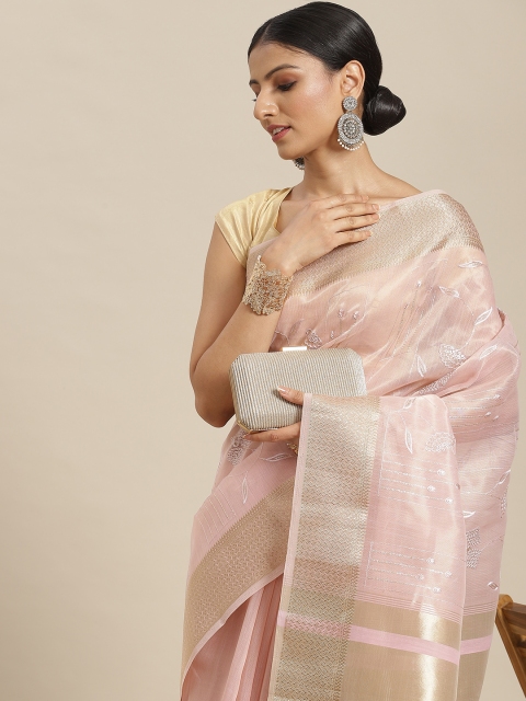 Havida Sarees Rose & Gold-Toned Floral Zari Venkatgiri Saree