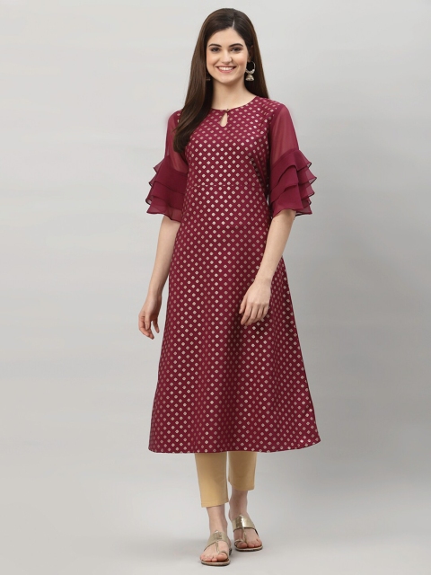 ALC Creations Women Purple & Gold-Toned Ethnic Motifs Printed Keyhole Neck Bell Sleeves Crepe Kurta