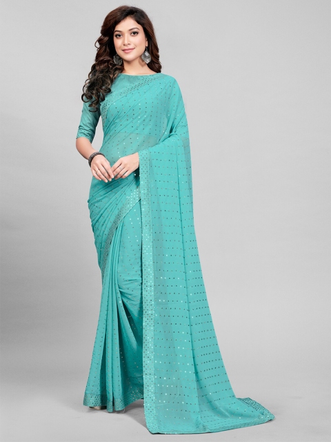 Mitera Turquoise Blue Embellished Sequinned Pure Georgette Saree