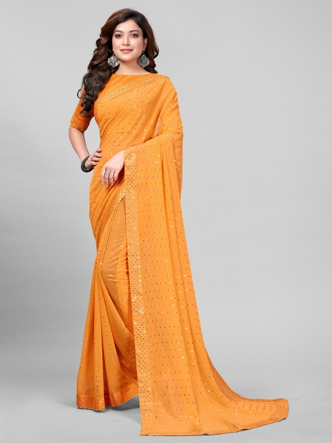 Mitera Yellow Embellished Sequinned Pure Georgette Saree