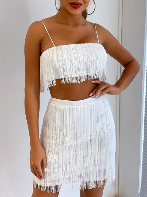URBANIC Women White Solid Fringed Co-Ords