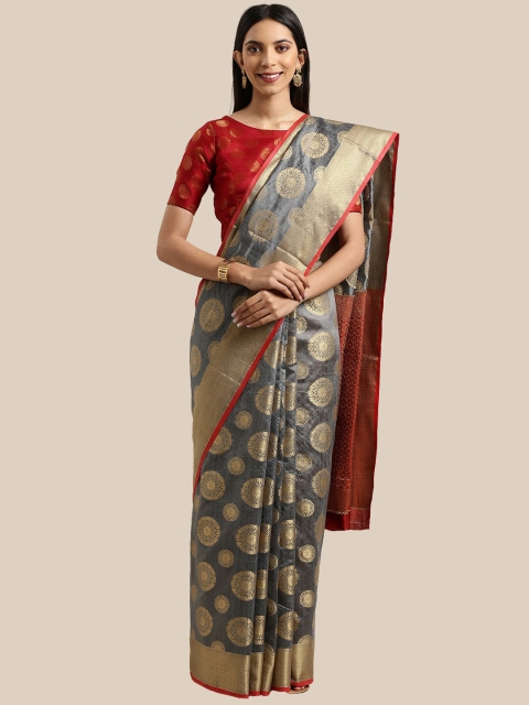 Saree Swarg Grey & Gold-Toned Woven Design Silk Blend Sarees