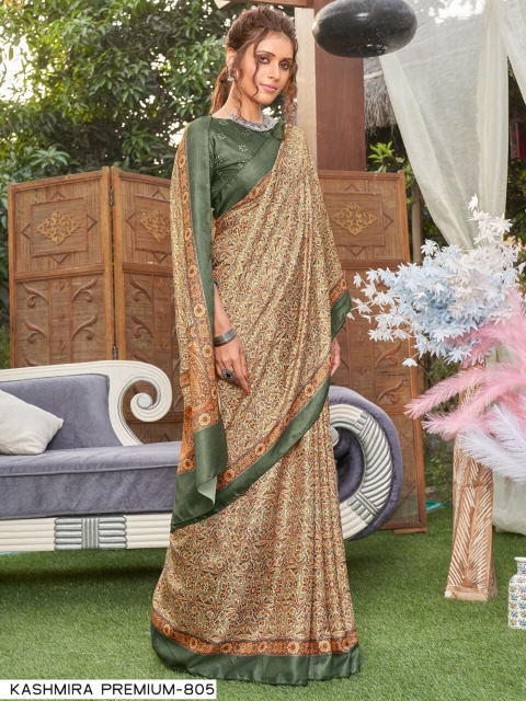 KALINI Green & Beige Silk Blend Saree