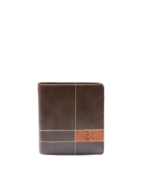 ADK Men Coffee Brown & Tan Textured Embroidered PU Two Fold Wallet