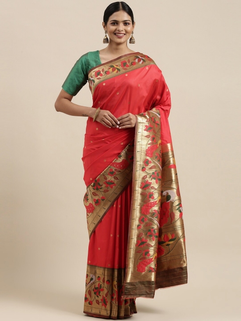 Pandadi Saree Red & Gold-Toned Woven Design Zari Silk Blend Paithani Sarees