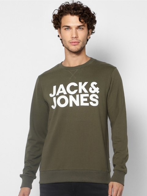 Jack & Jones Men Olive Green Printed Sweatshirt