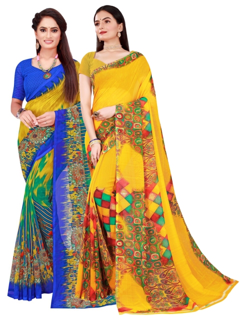 SAADHVI Yellow & Green Pure Georgette Saree