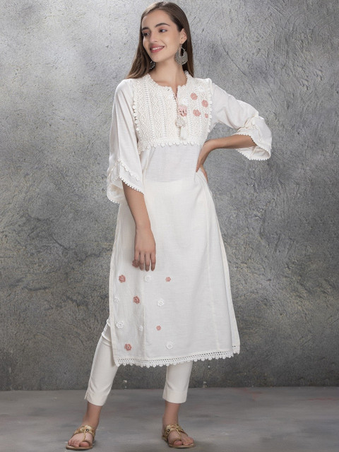 Lakshita Women White Floral Embroidered Kurta 
Lakshita Women White Floral Embroidered Kurta