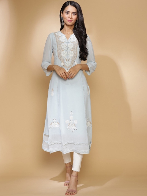 Lakshita Women Blue Ethnic Motifs Embroidered Thread Work Kurta