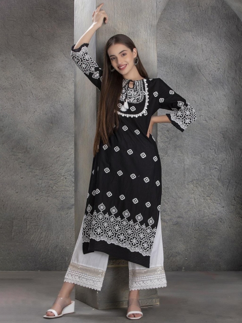 Lakshita Women Charcoal Paisley Embroidered Mirror Work Kurta