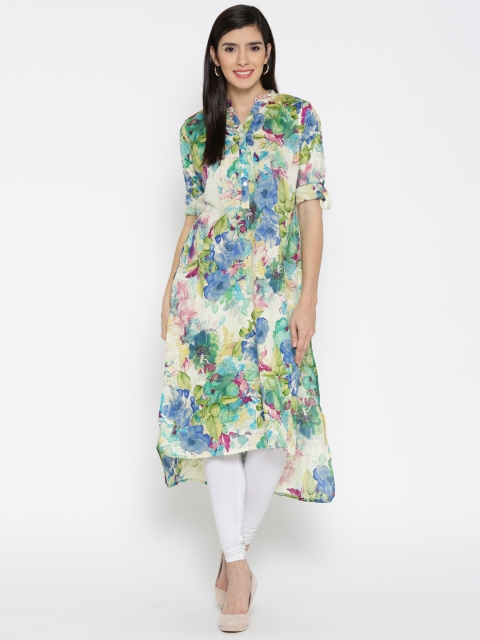 Jashn Women Yellow & Green Printed Straight Kurta