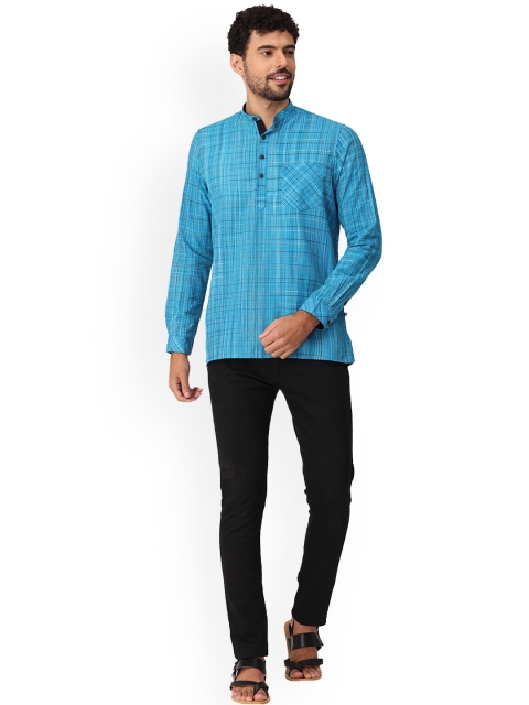 NIRVAAN Men Blue Pure Cotton Checked Short Kurta