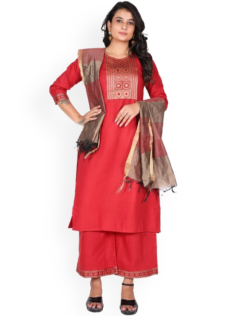 KALINI Women Maroon Ethnic Motifs Kurti with Churidar & With Dupatta