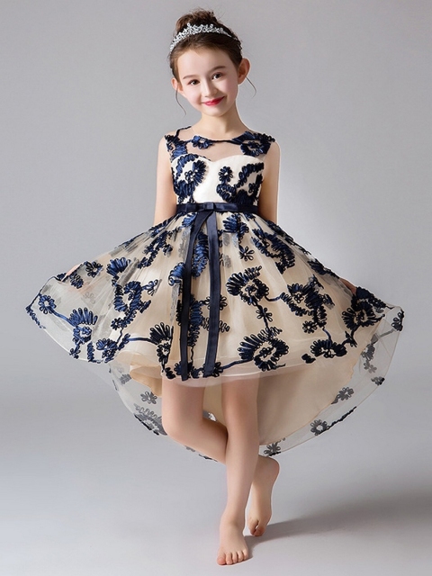 PUMPUM Navy Blue Trailing Skirt Embroidered Princess Dress