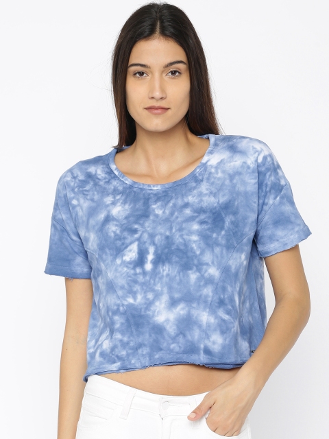 Roadster Women Blue Dyed Round Neck T-shirt