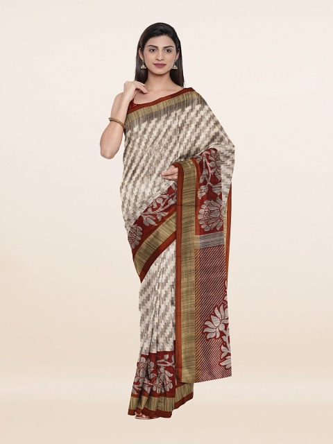 Pothys Cream-Coloured & Maroon Striped Floral Saree