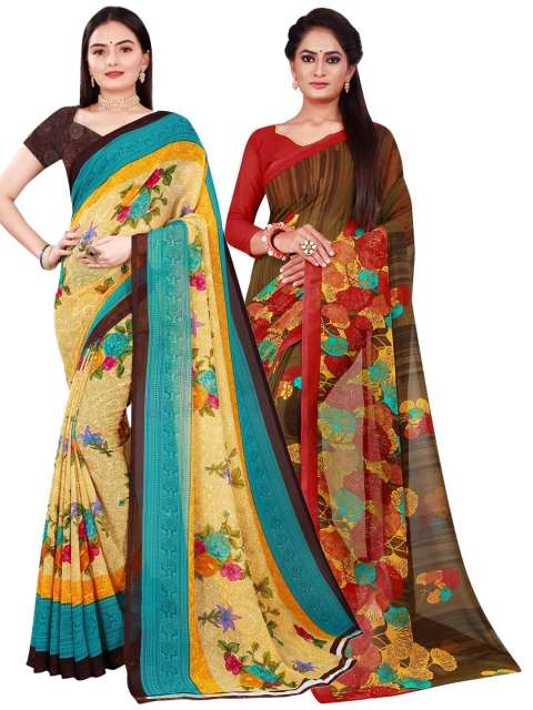 Florence Beige & Blue Floral Pure Georgette Saree