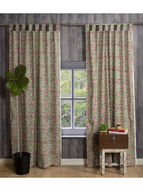 HANDICRAFT PALACE Green & Pink Set of 2 Floral Sheer Door Curtain