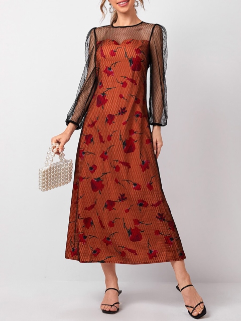 URBANIC Orange Floral A-Line Midi Dress